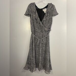 Vintage Danny & Nicole Faux Wrap Midi Dress Ruffle Black White Size 14 Lined